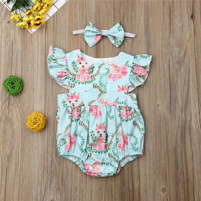 Милый боди с цветочным принтом для маленьких девочек 2 шт. комбинезон оборками