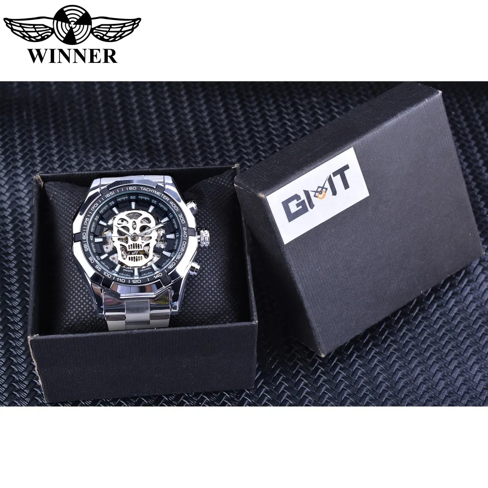 

Winner 2019 Black Silver Clock Steampunk Skull Design Luminous Hands Automatic Transparent Watches for Men Top Brand Luxury