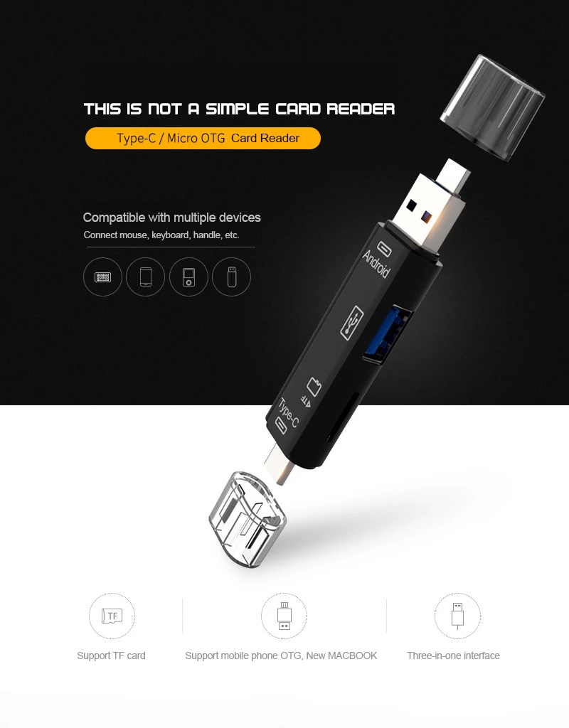 Type C, micro USB и USB 3 в 1 OTG Кардридер высокоскоростной USB2.0 Универсальный OTG TF/USB для Android Компьютерный удлинитель-переходник