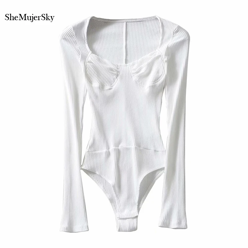 

SheMujerSky Sexy Knitted Women Bodysuit Solid Color Square Collar Long Sleeve Short Jumpsuits Slim Skinny Overalls 2019