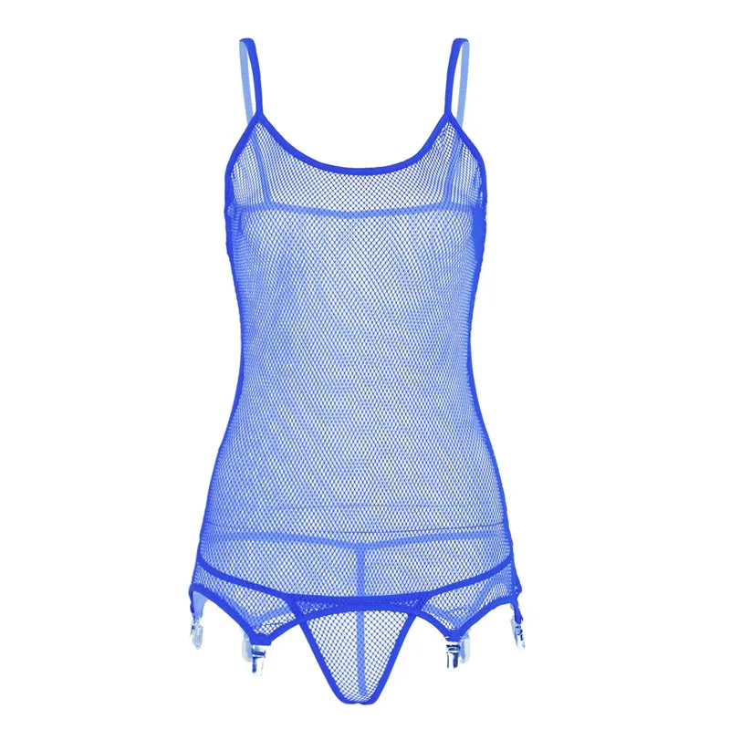 2Pcs Sexy Women Fishnet Lingerie Spaghetti Shoulder Straps Corset with Suspenders Clips Stockings Teddy Bodysuit with Briefs