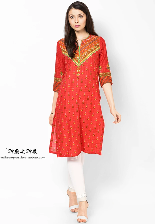 Women's red printed cotton three quarter sleeve top kurta |