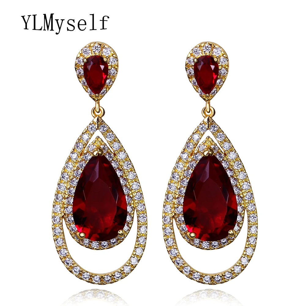 

New Earrings For Party Purple Red Clear Champagne 4 colors Cubic Zirconia with Gold color Big Water Drop Earrings