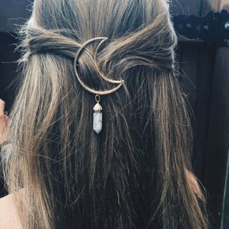 

fashion Natural Stone Quartz Crystal Crescent Moon Hair Charm Hair Clips for Women Bullet Hairpin Head wear Gifts for women Hot
