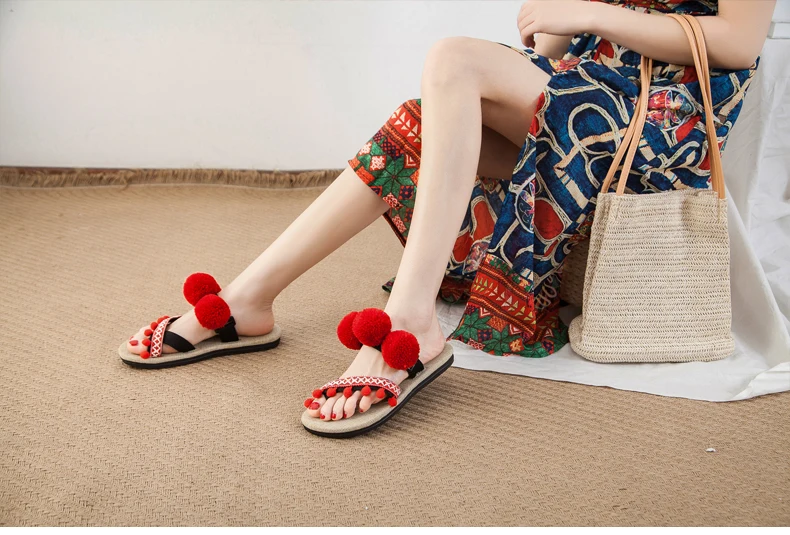 Женские сандалии с помпонами; Boho Hemp Espadrilles; пляжные шлепанцы; Летние праздничные Вьетнамки; Размеры 35-44