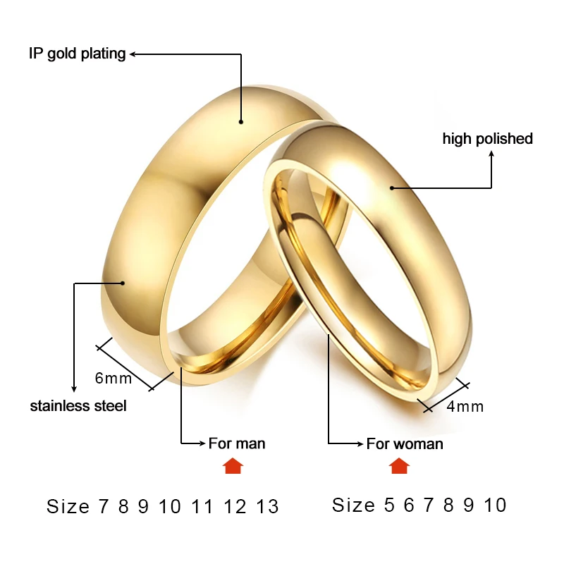 Vnox простой Обручальные кольца Кольца 2 шт./лот золото цвет Обручение для Для
