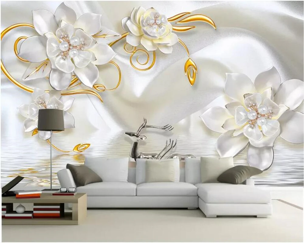 Пользовательские фото обои 3d шелк тисненый жемчуг ювелирные изделия цветок