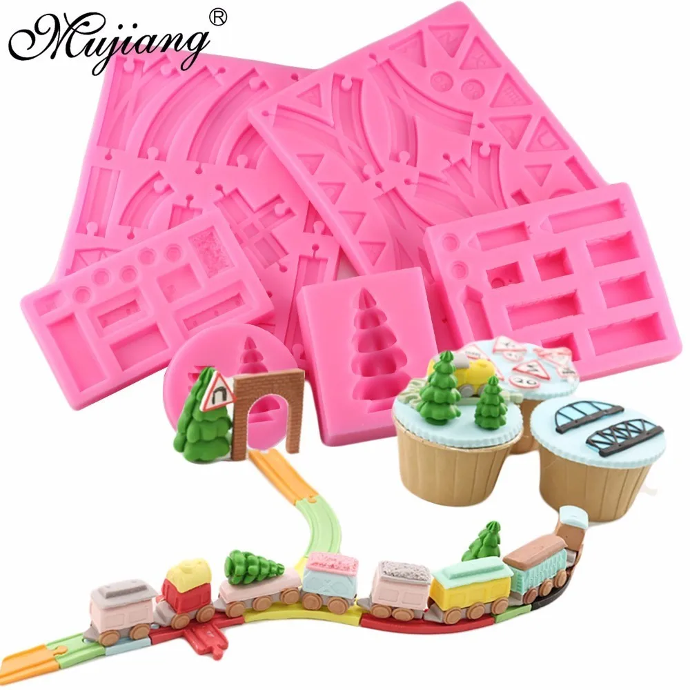 Mujiang Creative 6Pcs 3D Train Track Pine Fondant Mold Baby Birthday Cake Decorating Silicone Molds Chocolate Gumpaste Moulds