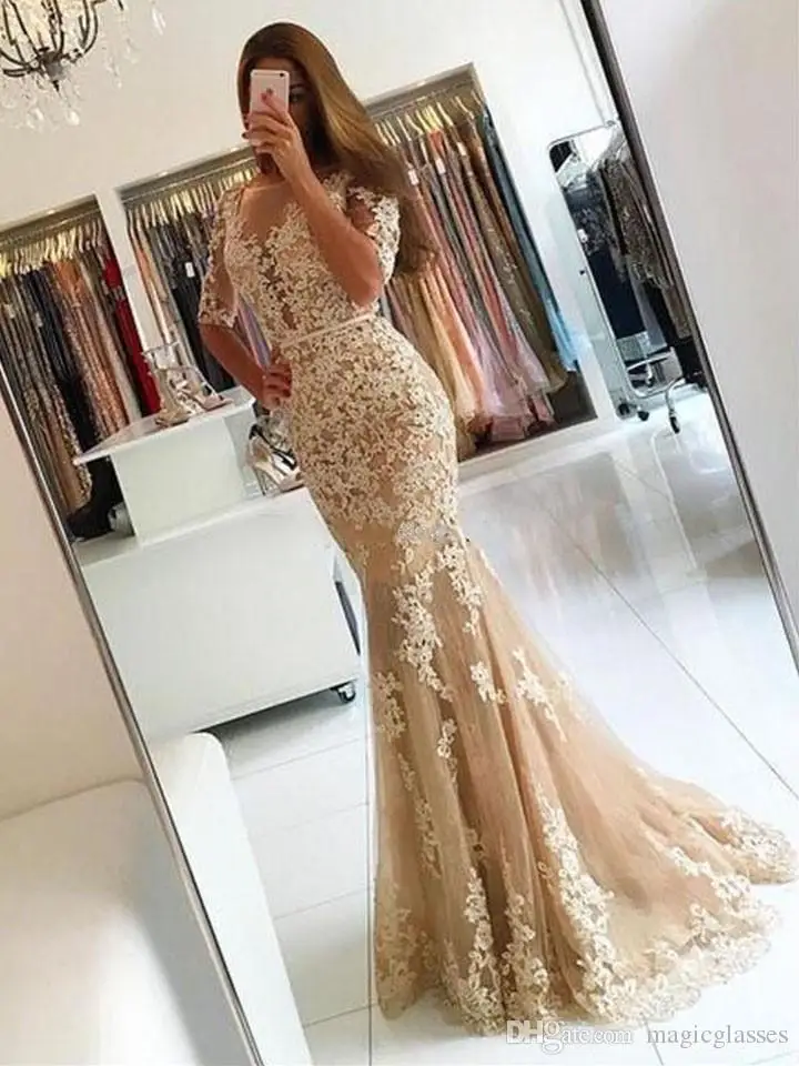 

Elegant Long Mermiad lace evening dress 2019 robe de soiree longue Half Sleeved ever pretty arabic dress