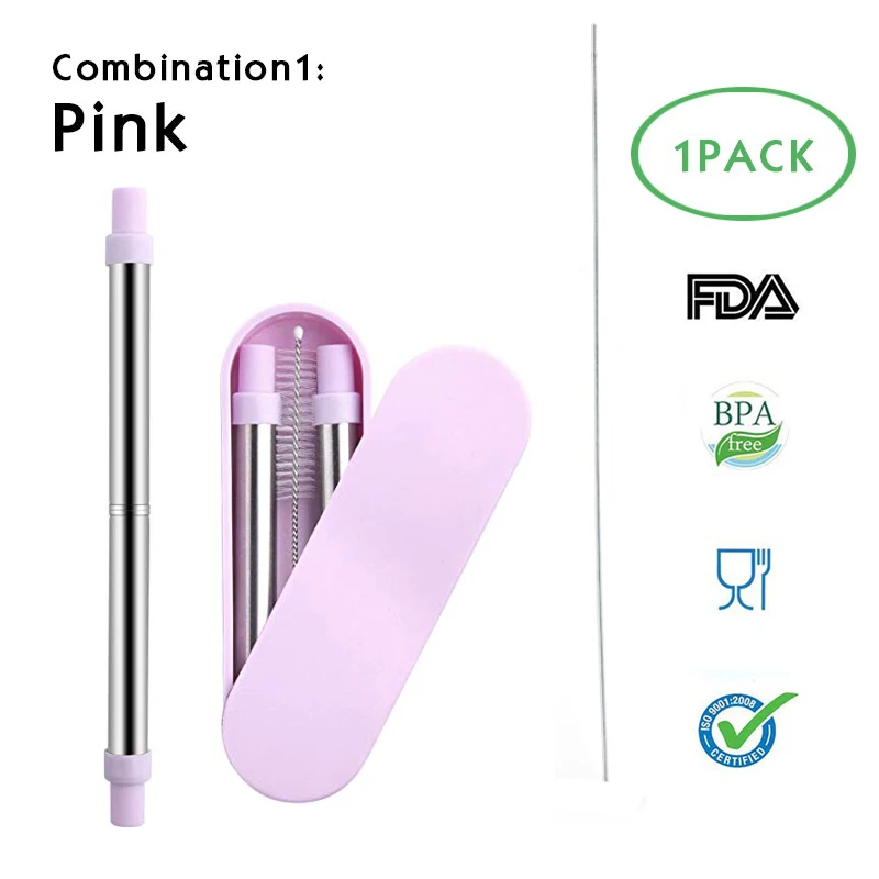 Pink Телескопическая соломинка для питья Складная соломинка многоразовая металлическая соломинка с отверстием для ключей для путешествий аксессуары для бара - Цвет: Pink
