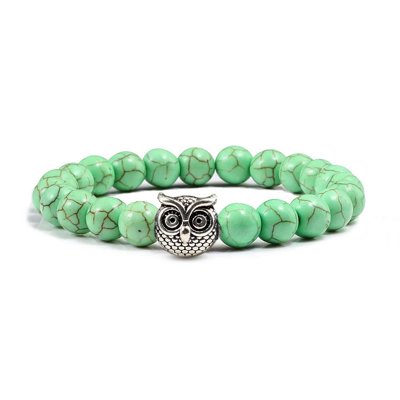 Apple Green Silver Трендовый натуральный камень браслеты Owl ISES Сова серебряное золото повседневные мужские браслеты с бусинами женские шармы фитнес Ювелирные изделия Подарки для пары - Окраска металла: Apple Green Silver
