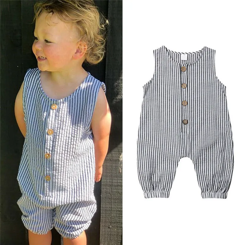 

Newborn Baby Boy Girl free shipping clothes Sleeveless Button striped round neck Romper lovely kids Toddler Jumpsuit one pieces