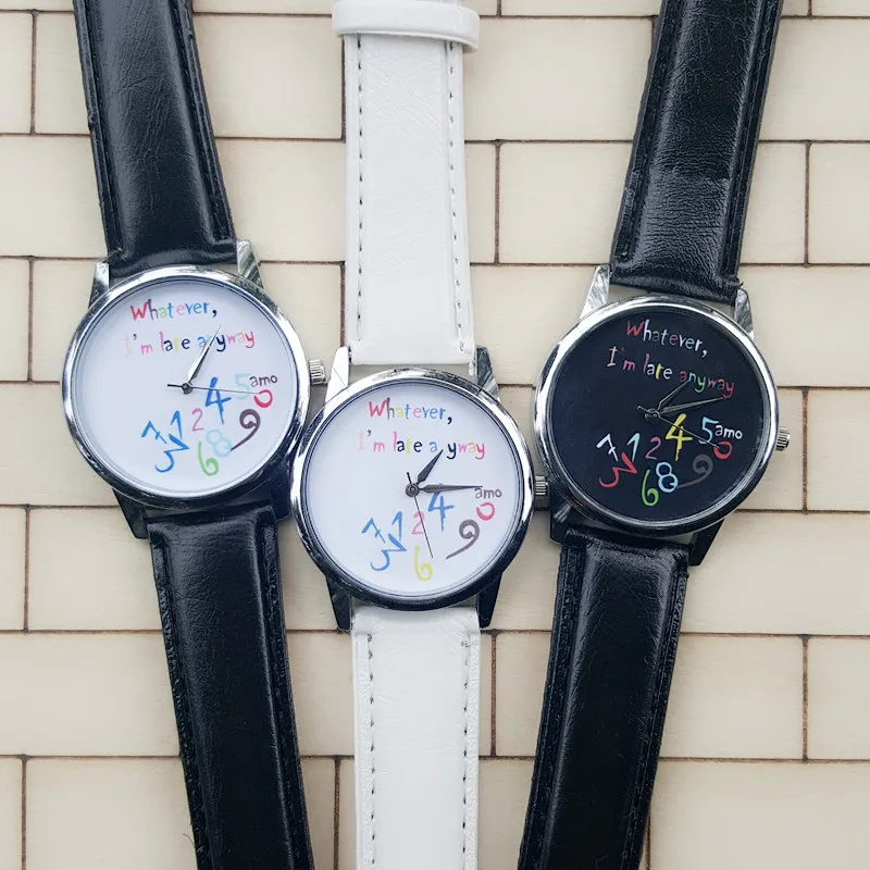 Новинка 2016 яркие часы я запоздала модные женские кварцевые кожаные с надписью и