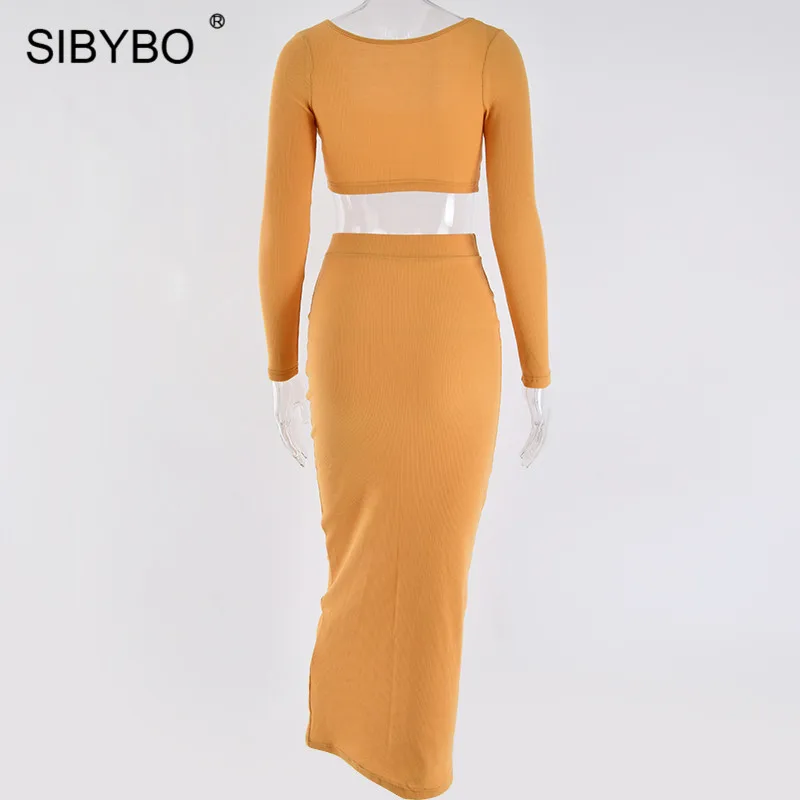 Sibybo, Ребристое, с длинным рукавом, сексуальное, из двух частей, платье, квадратный воротник, высокая талия, повседневное, облегающее, одноцветное, Клубные, вечерние, женское платье