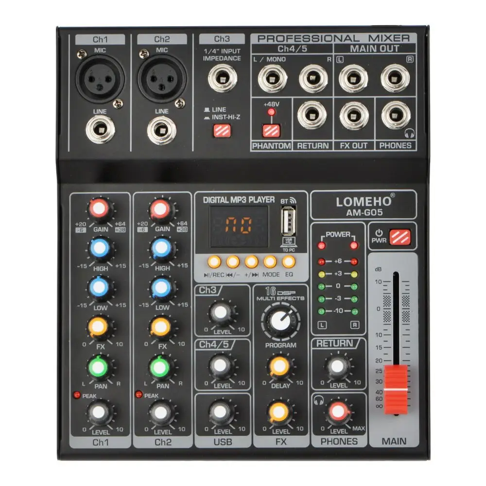

AM-G05 Bluetooth USB Record PC Playback Record 4 Channels Guitar Input 2 Mono 1 Stereo Professional USB Audio Mixer