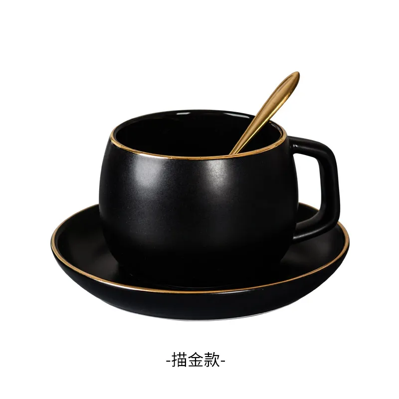 Gold black Прямая поставка, керамическая кофейная чашка и блюдце, черный пигментированный фарфор, чайный набор с ложкой, простая Пномпень, матовая чашка - Цвет: Gold black