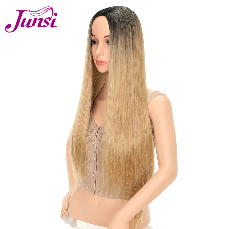 JUNSI Ombre золотые парики длинные темные корни розовые прямые волосы для женщин синтетические волосы высокотемпературные волокна волос