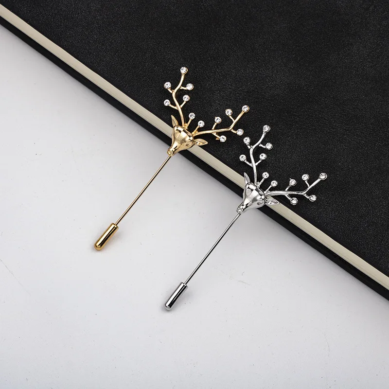 High-end Metal Deer Head Brooch Lapel Pin Men's Suit Collar Scraf Buckle Cute Elk Long Needle Pins Jewelry for Men Accessories
