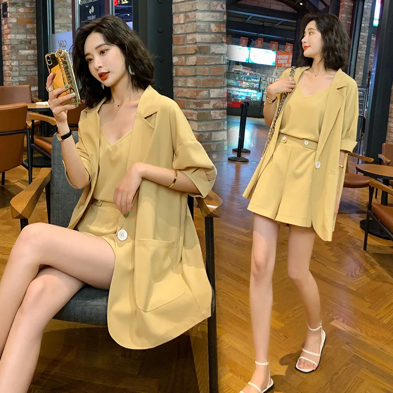 

Women's suit 2019 summer new fashion suit suit jacket wide leg shorts three-piece temperament wild women's clothing