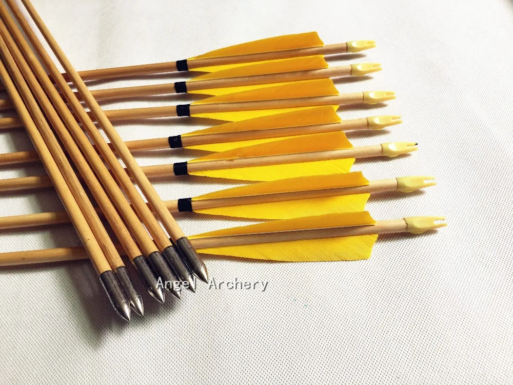 12 шт. желтая деревянная стрела со стальной наконечник стрелы и турецкие перья