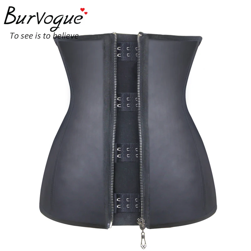 Burvogue, женские корсеты на талию, черный латексный корсет на молнии под грудью, корсет для похудения, 9 стальных костей, корректирующий корсет