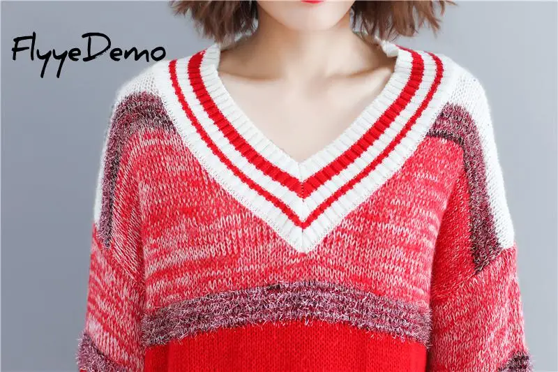Women Fashion Hole Sweater Basic Striped V Neck Loose Long Sleeve Candy Colors Pullovers Female Sweet Tops Free Size | Женская одежда