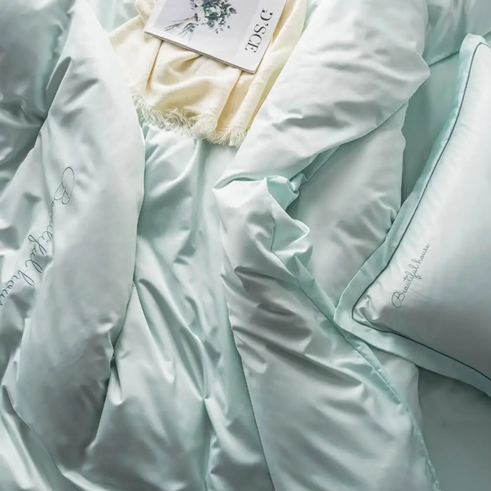 Простой Серый Серебряный скандинавский вышивка постельное белье искусственный шелк атласный пододеяльник набор королева король комплект постельного белья