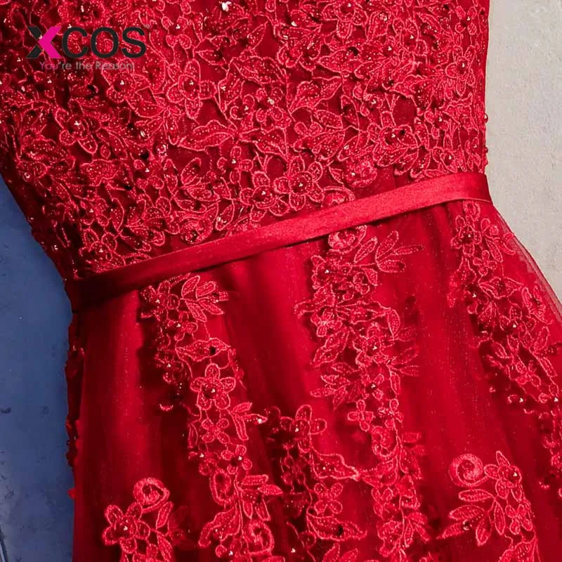 XCOS vestido de festa V образным вырезом красное винтажное кружево с аппликацией и бисером
