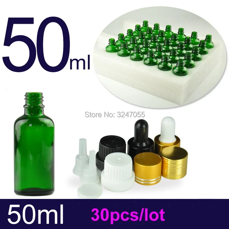 50ML30pcs пустой зеленый стеклянный косметическая бутылка капельница с пипетками