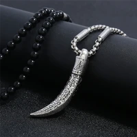 stainless steel viking age style damascus steel bearswolfs tooth triangle eye pendant necklace black agate stone necklace