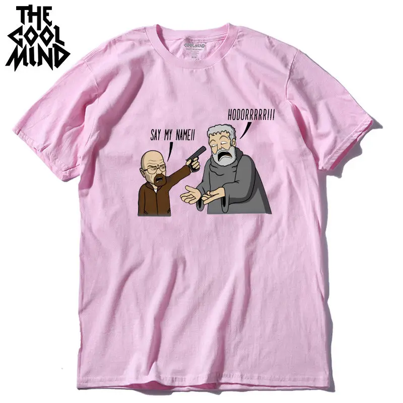 PINK COOLMIND QI0317A Хлопок Прохладный Забавный печатных для мужчин футболка повседневное короткий рукав hodor дизайн мужские футболки - Цвет: PINK