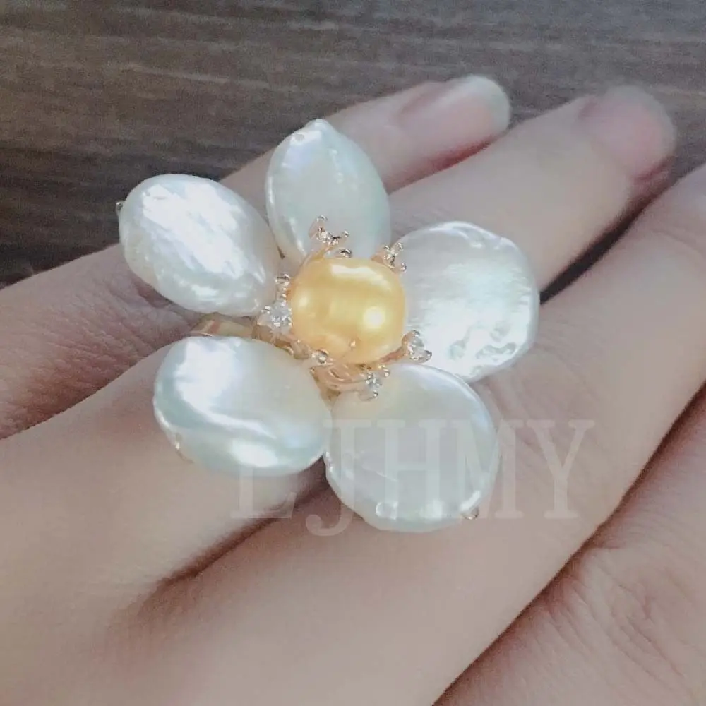 LJHMY блестящее большое кольцо из белого жемчуга-Монетка золотого цвета эффектное