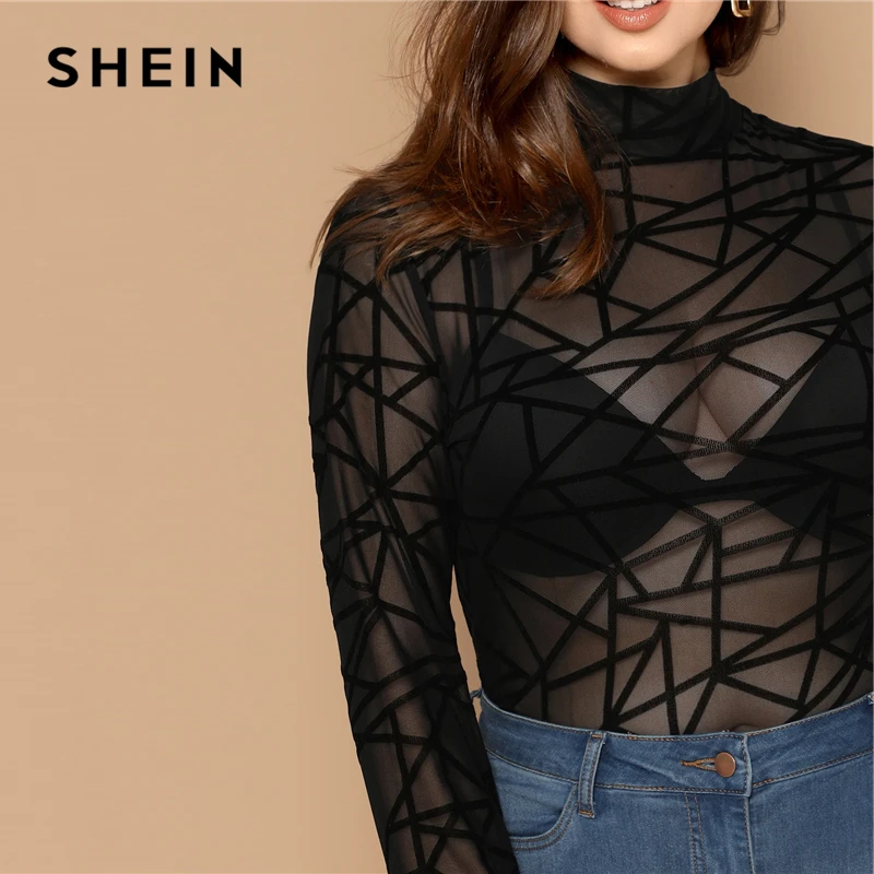 SHEIN Сексуальный Прозрачный Топ С Длинным Рукавом Облегающая Блузка Без