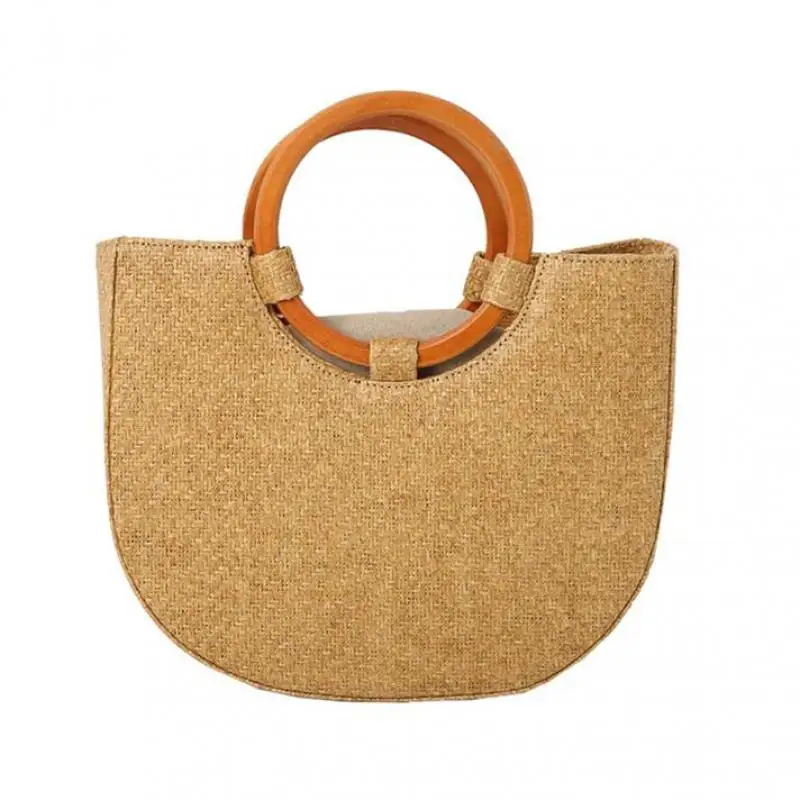 2017 New Korea Ring Wooden Handle Handbag Half Moon Woven Straw Beach Bag For Women European And American Style | Багаж и сумки