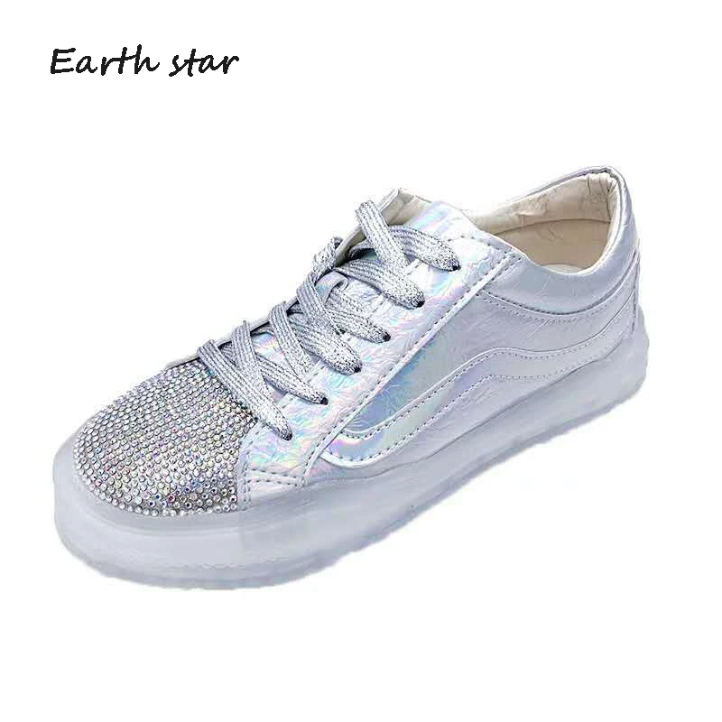 Обувь с кристаллами, женские кроссовки на массивном каблуке, zapatos de mujer, украшенные стразами, chaussures femme, женская обувь, серебристая блестящая Лоскутная обувь - Цвет: Серебристый