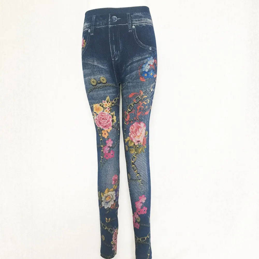 chain flower Модные тонкие женские леггинсы из искусственной лосины из джинсовой ткани, сексуальные летние леггинсы с карманом и принтом, повседневные узкие брюки, женская одежда - Цвет: chain flower