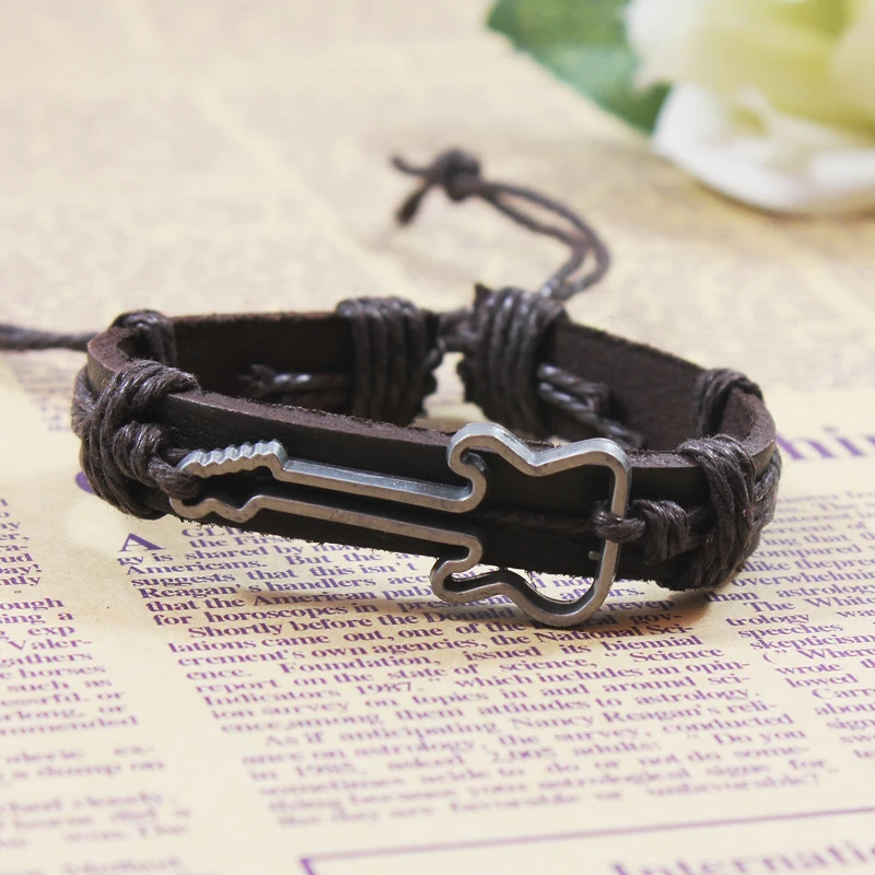 Винтажные браслеты из натуральной кожи Панк Полые Шарм в виде гитары кожаные для
