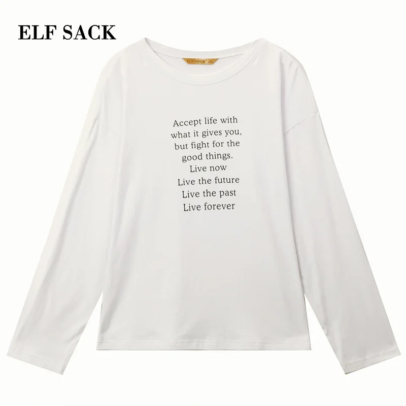 ELFSACK, большие размеры, женские футболки, повседневные, с буквенным принтом, с круглым вырезом, хлопковые футболки, тонкие, свободные, одноцветные, с длинным рукавом, женские футболки
