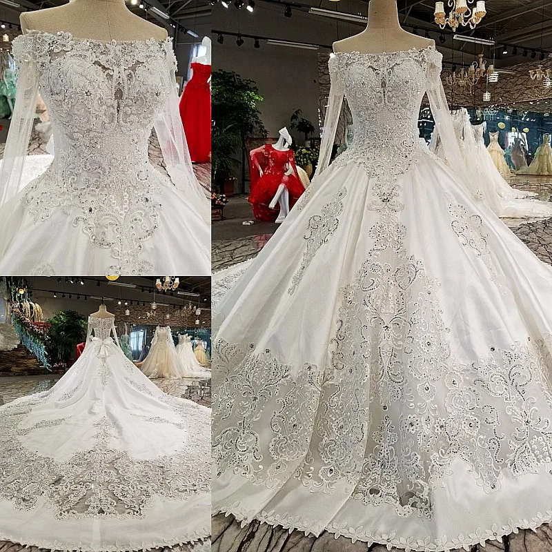 

LS00228 wedding dresses see through back flower boat neck full lace ball gown cathedral train Luxury vestido de noiva real photo