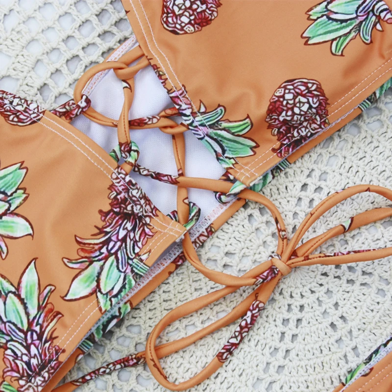 

2019 Sexy Women's Pineapple Printing Lace-Up Bandeau Tie Side String Padded Wireless Bikini Set Bathing Suit
