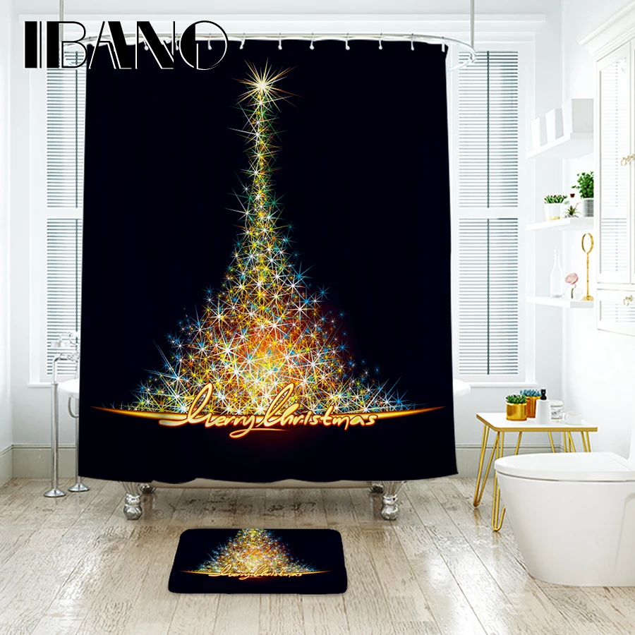 

IBANO Christmas Tree Shower Curtain Waterproof Polyester Fabric Bathroom Curtain Floor Mat Christmas Decorations For Home