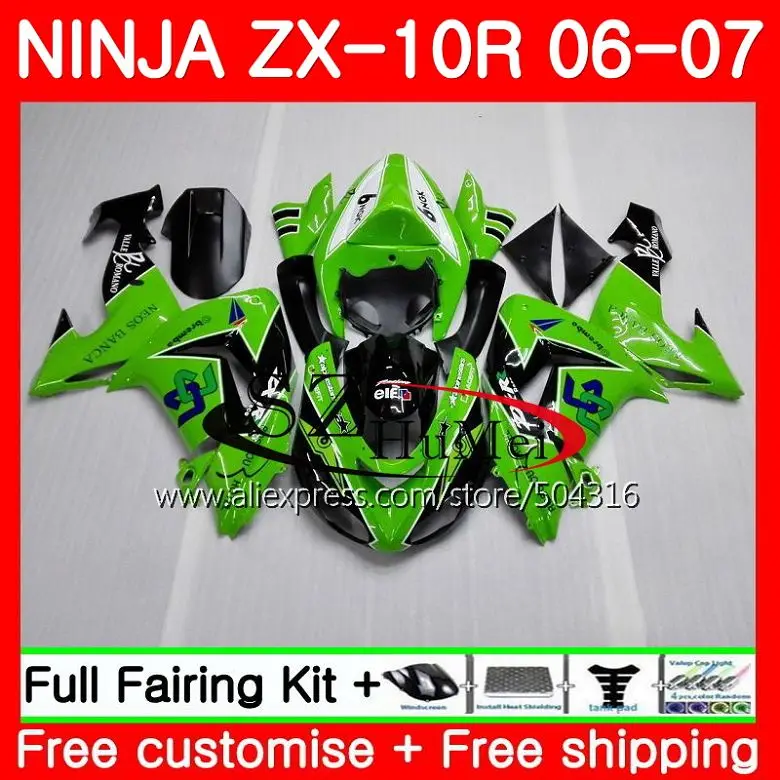 

Bodywork For KAWASAKI green flames NINJA ZX10R 06 07 ZX1000C 16SH4 ZX-10R 06-07 ZX1000 C ZX 10 R ZX 10R 2006 2007 Fairings kit