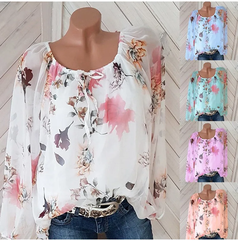 Women Shirts Autumn Casual Slash Neck Boho Chiffon Blouse Top Bohemian Long Sleeve Ladies Sexy Print Femme Shirt |