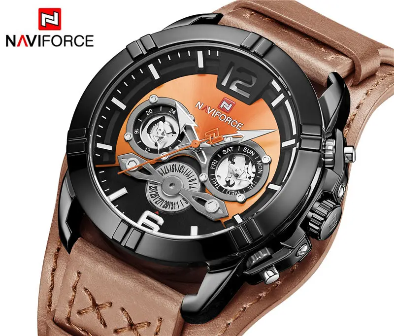 NAVIFORCE мужские часы модные мужские кожаные кварцевые часы для мужчин s люксовый бренд 30 м водонепроницаемые спортивные часы Relogio Masculino коричневый - Цвет: orange