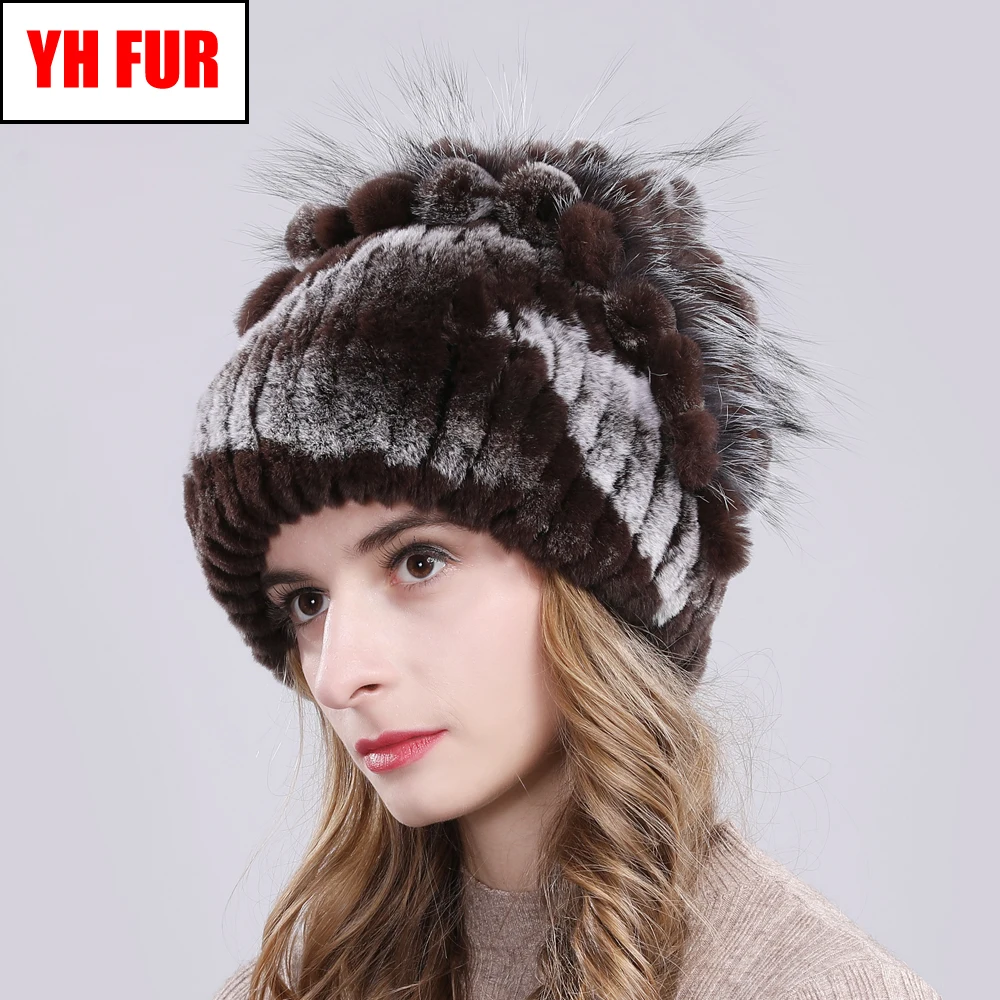 Новые русские Женские Настоящий мех кролика Skullies шапки Роскошные вязаные цветы натуральная шапка из меха кролика рекс зимние натуральный мех шапочки