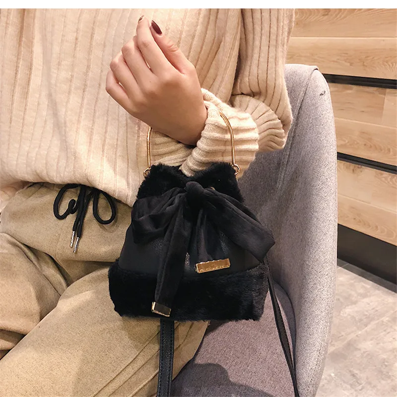 Модная мини сумка ведро зимние меховые сумки женские мессенджеры с