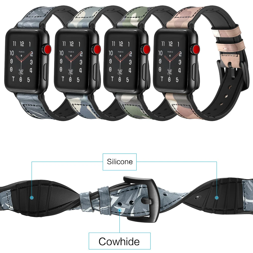Камуфляжный ремешок для часов Apple Watch Band 38 мм 42 мм 40 мм 44 мм силиконовый ремешок из натуральной кожи для iWatch Series 1 2 3 4 браслета