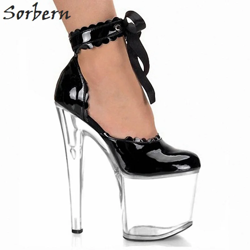 

Sorbern Sexy Ruffles Ankle Strap Pump Shoes 20Cm Ultra High Heels Round Toe 10Cm Thick Platform Sole Thick Heel Ladies Shoes