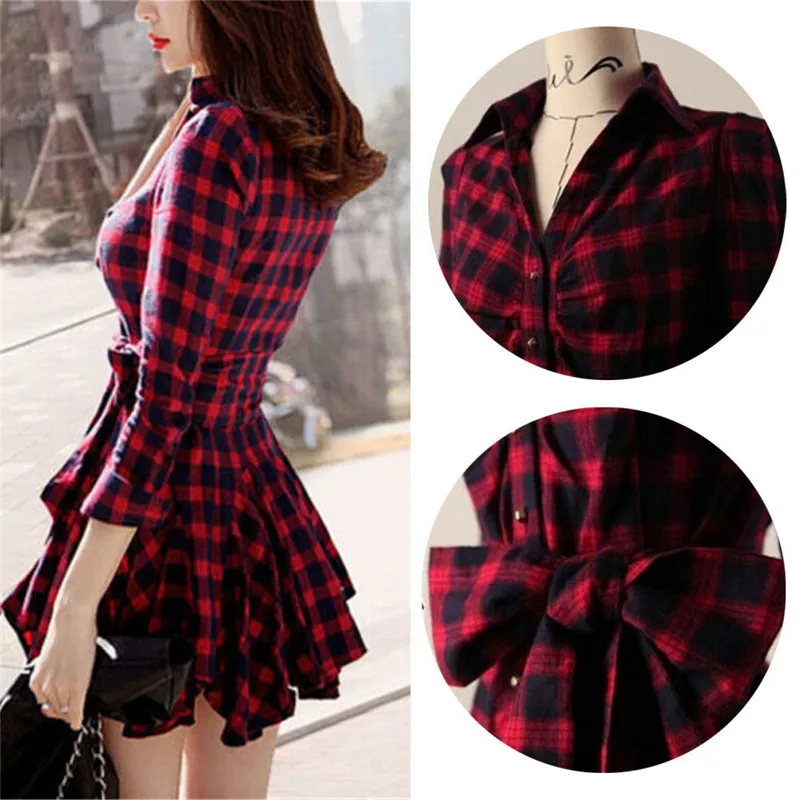 2019 Новая мода женское платье с длинным рукавом на каждый день в клетку v-образной