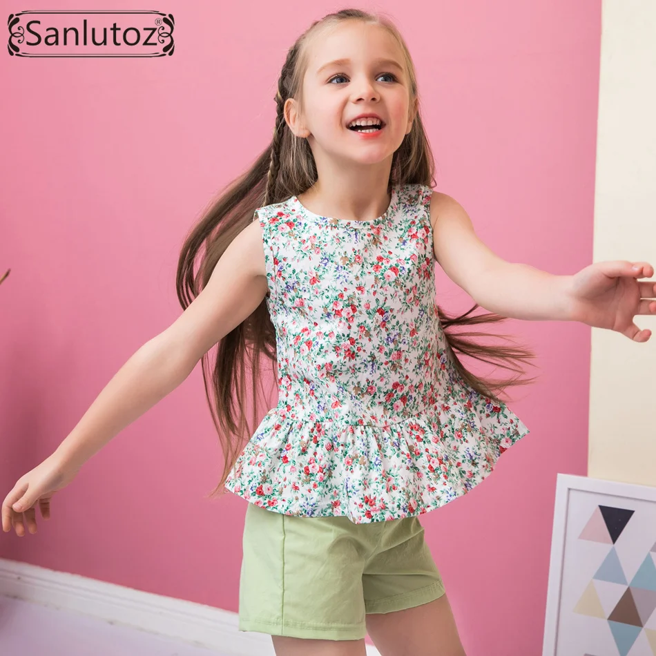 Sanlutoz/летняя детская одежда хлопковые комплекты одежды с цветочным рисунком для